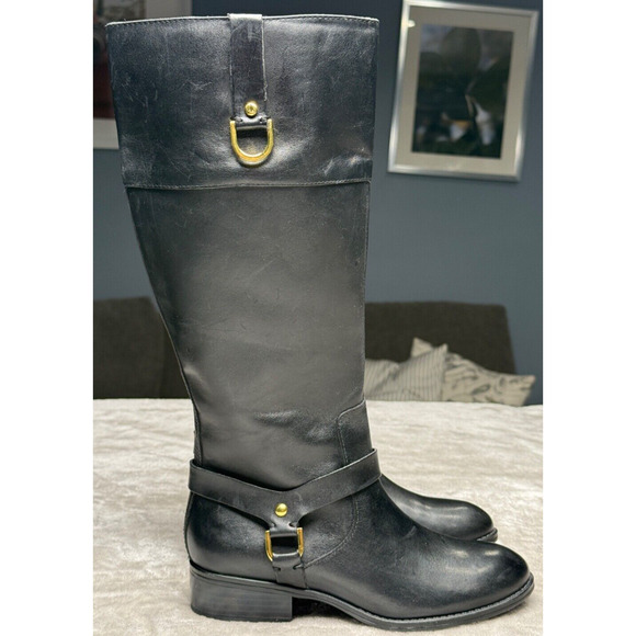 Ralph Lauren Mesa Black Leather Riding Gold Tall Equestrian Boots Womens Size 5 - Picture 1 of 12